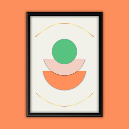 Close-up of geometric boho print highlighting textured orange, pink, green and metallic gold details sitting in front of an orange background.