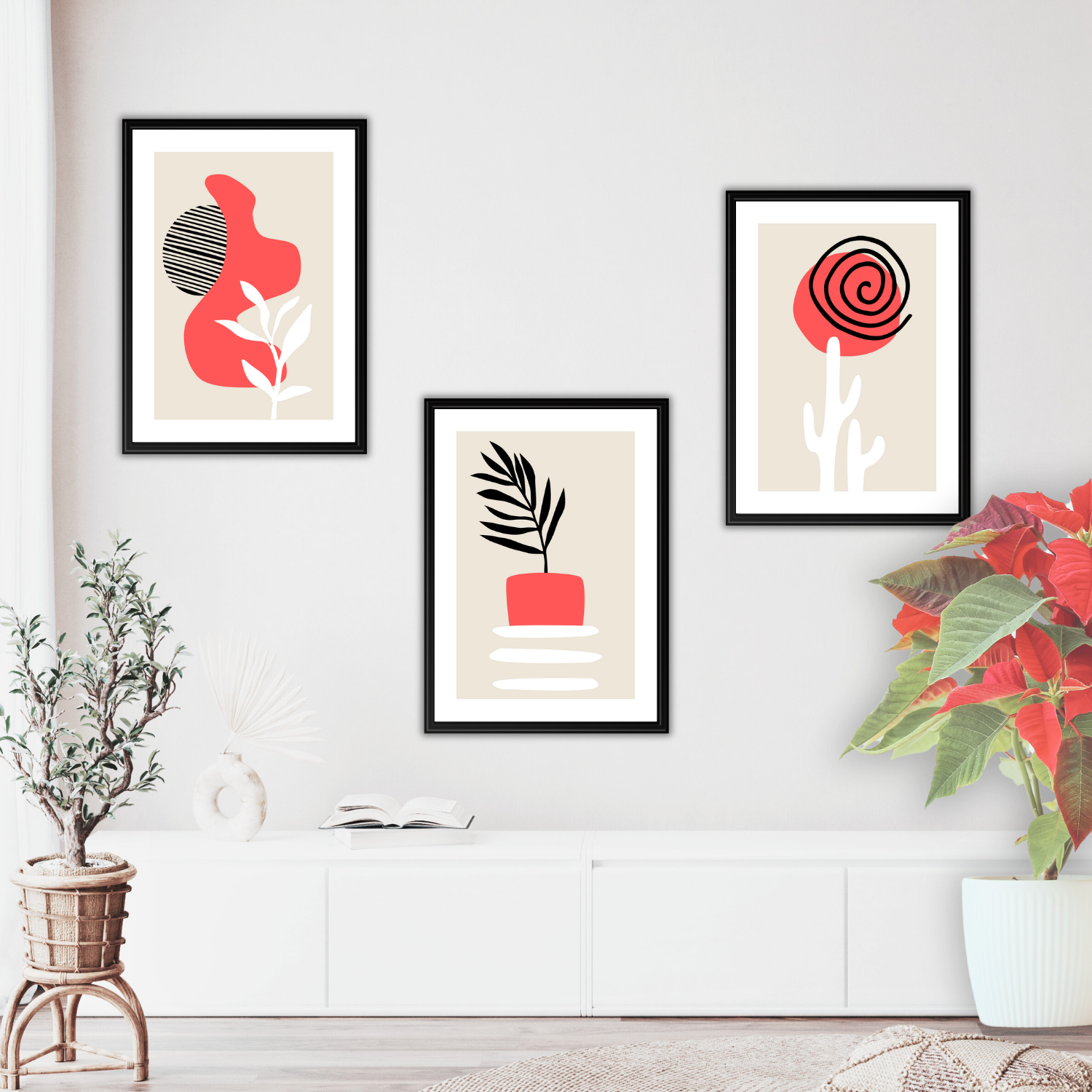Modern boho abstract art set featuring leaves, circles, and cactus designs in coral tones.