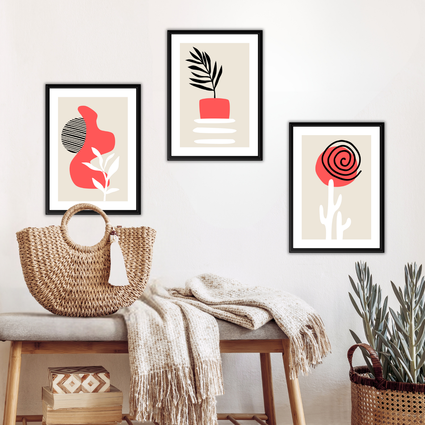 Geometric and organic shapes including cactus, leaf forms, and blobs in earthy coral and neutral hues.