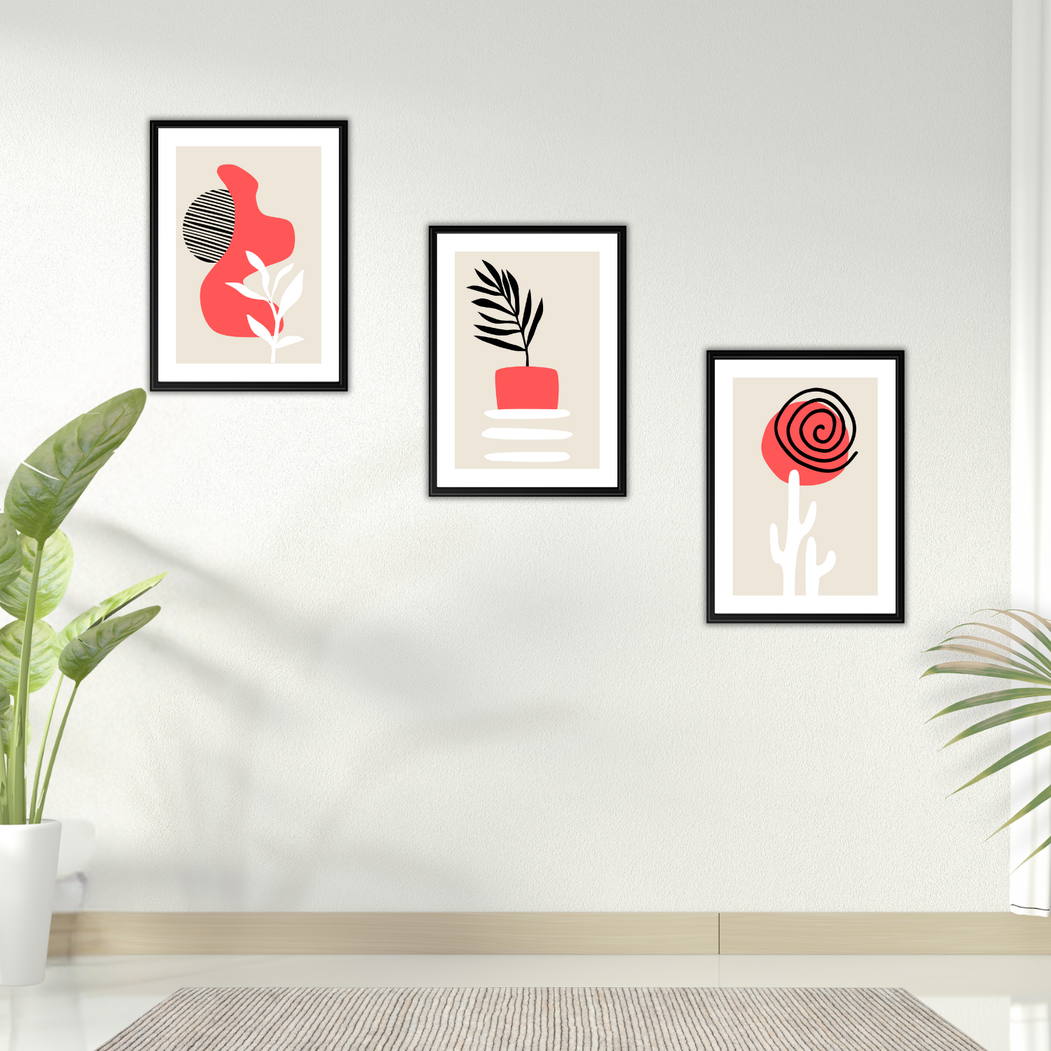 Contemporary boho gallery wall with 3 digital prints featuring cactus and abstract elements in black, white, and coral.