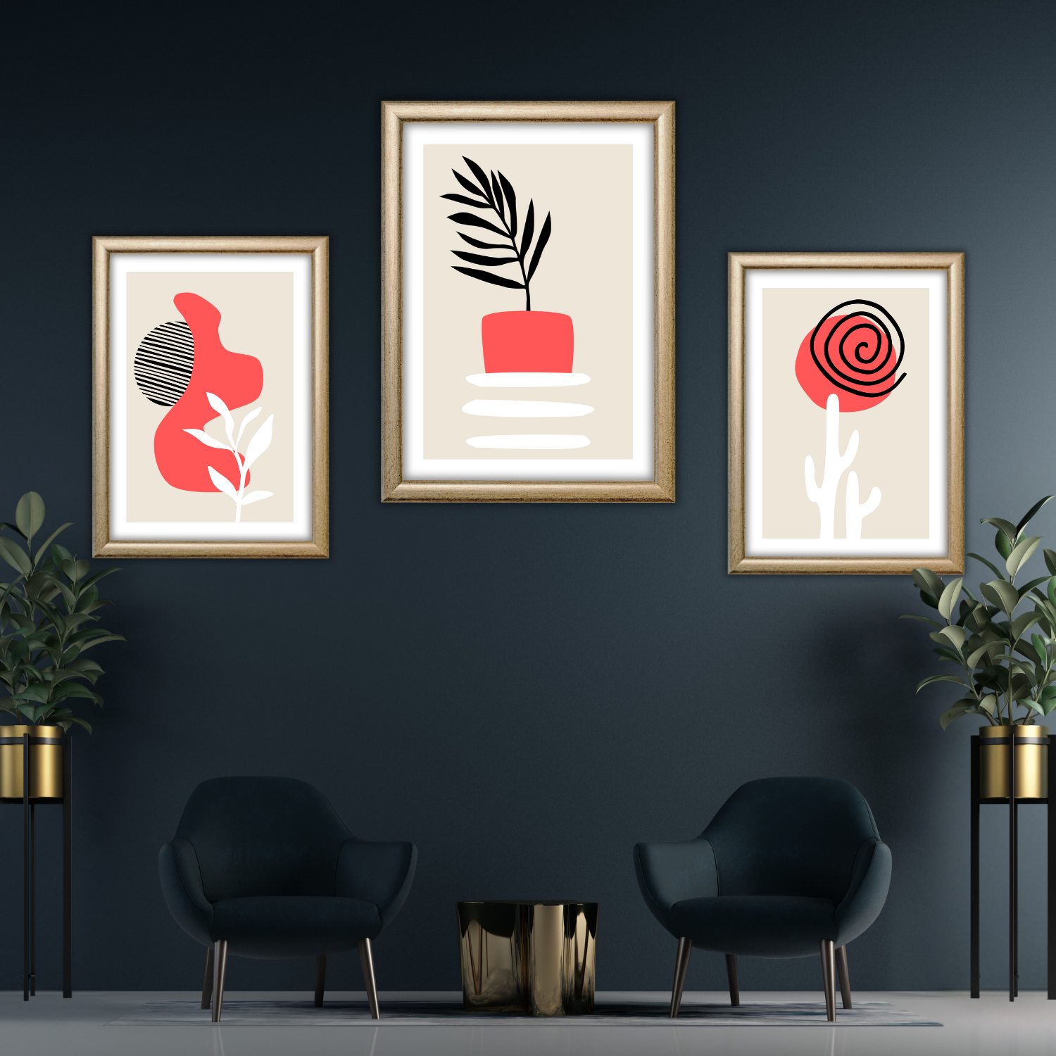 Set of three boho wall art prints with coral, black and white shapes on a dark wall above two chairs.
