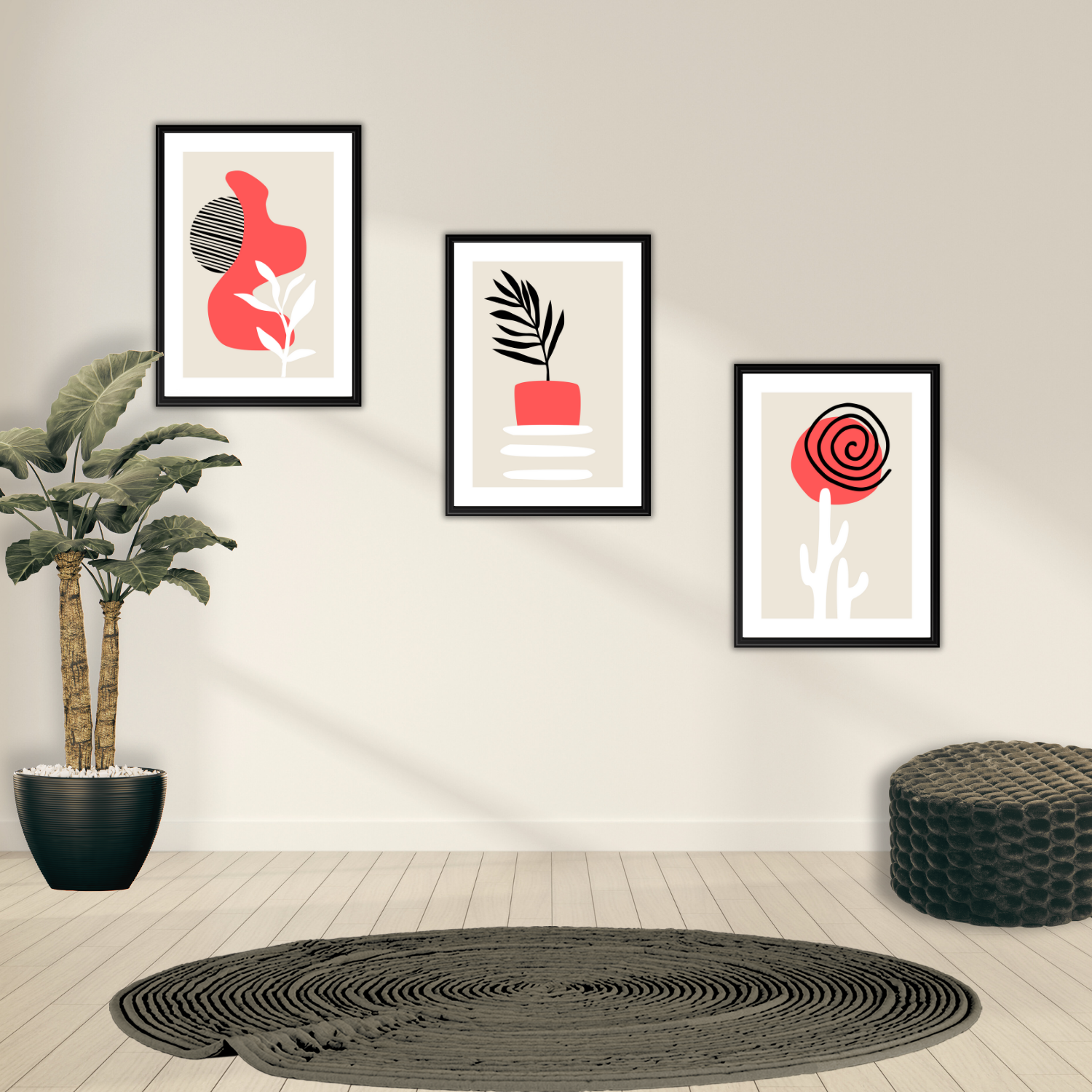 Printable set of minimalist wall art displayed in an entrance area with soft beige styling.