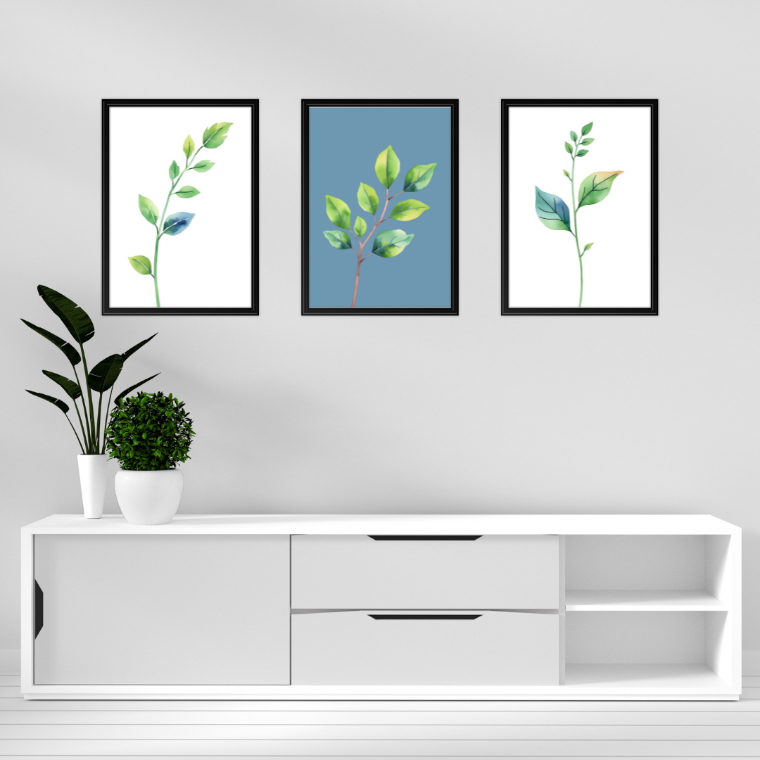 Botanical Green on Blue Digital Wall Art Prints