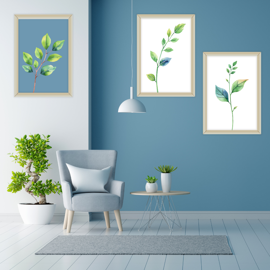 Botanical Green on Blue Digital Wall Art Prints
