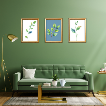 Framed watercolor leaf set of three adding a calming touch to a modern olive living room.