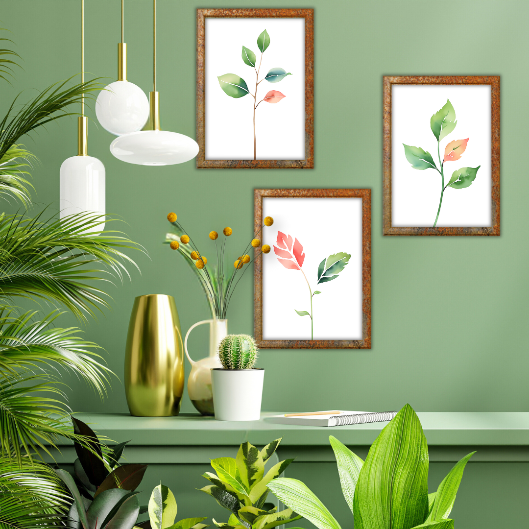 Printable botanical set of three above a shelf with wooden frames and potted plants decor in an olive-green setting.