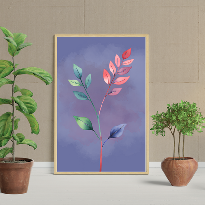 Close-up of single botanical leaf artwork in jewel tones framed in wood in a minimalist and neutral home space with potted plants.