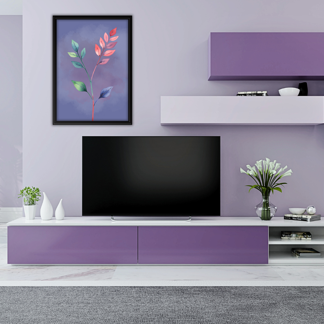 Modern living room featuring a framed botanical print with mauve, red and green stems on a soft lilac wall.