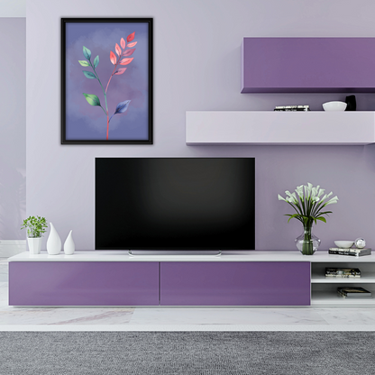 Modern living room featuring a framed botanical print with mauve, red and green stems on a soft lilac wall.