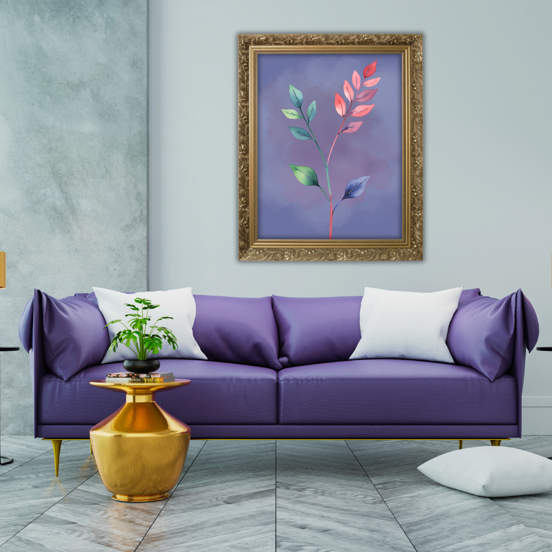 Watercolor botanical print with green, red, and purple leaf stems on a smoky mauve background above a matching sofa.