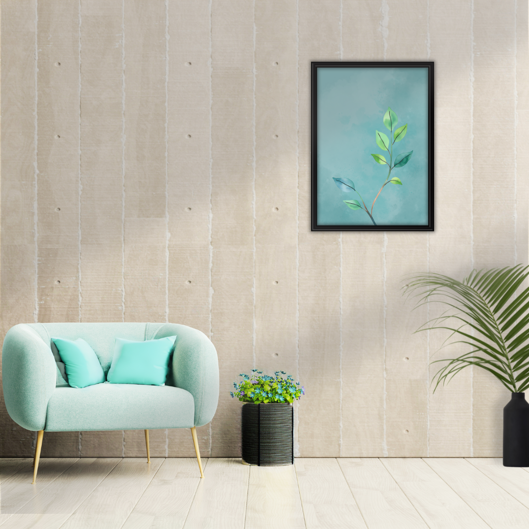 Close-up of digital botanical art with green and smoky teal tones on a wooden, textured backdrop.