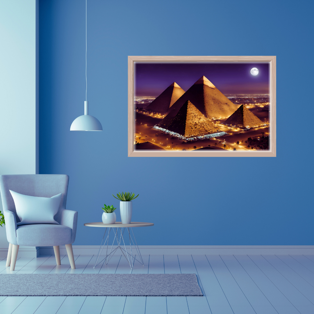 Home reading area with pyramids print, framed in light wood, above a chair and a side table.