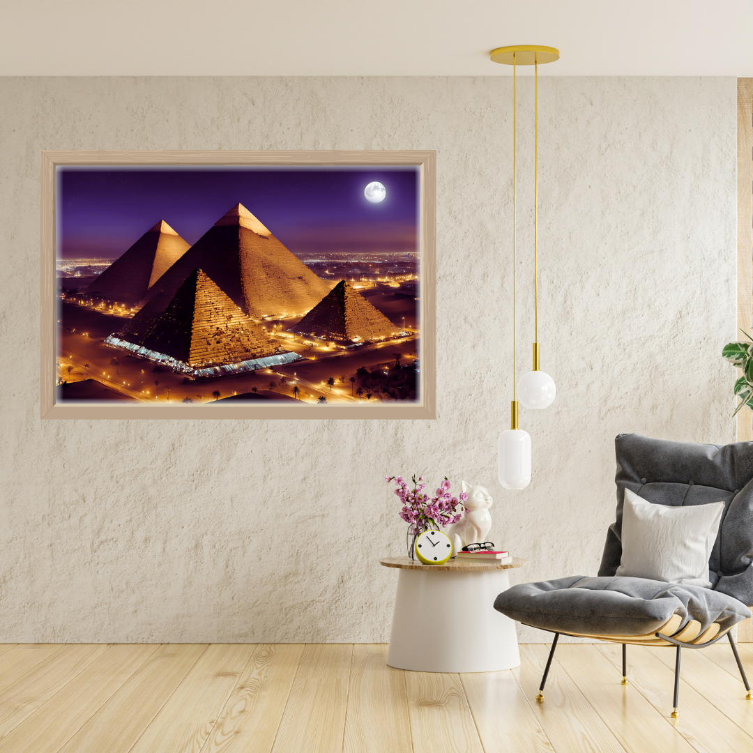 Modern living room area with golden Cairo skyline print over a charcoal chair and brass accents.