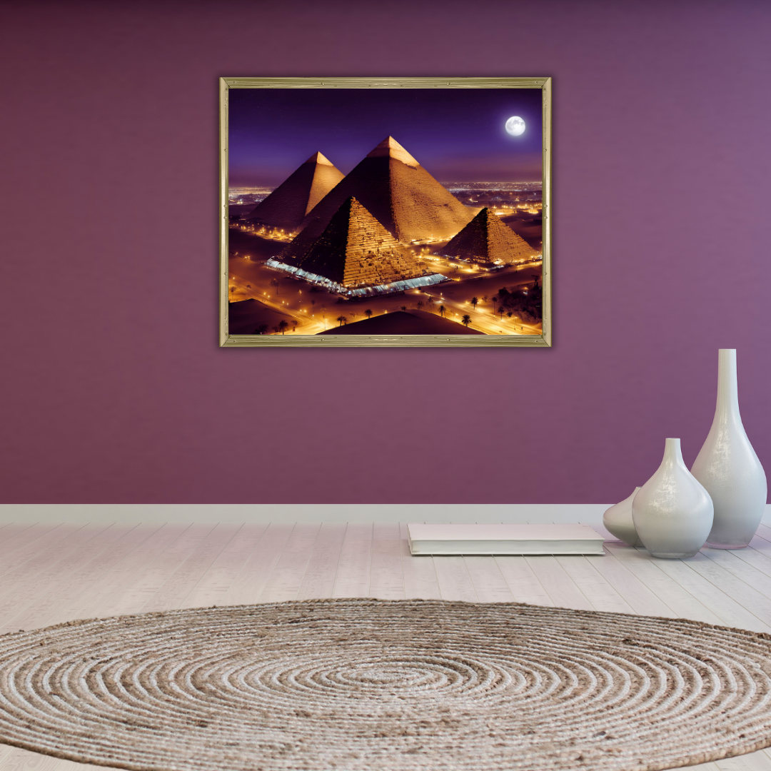 Gallery wall in a deep purple featuring the framed pyramids night scene, adding exotic elegance.