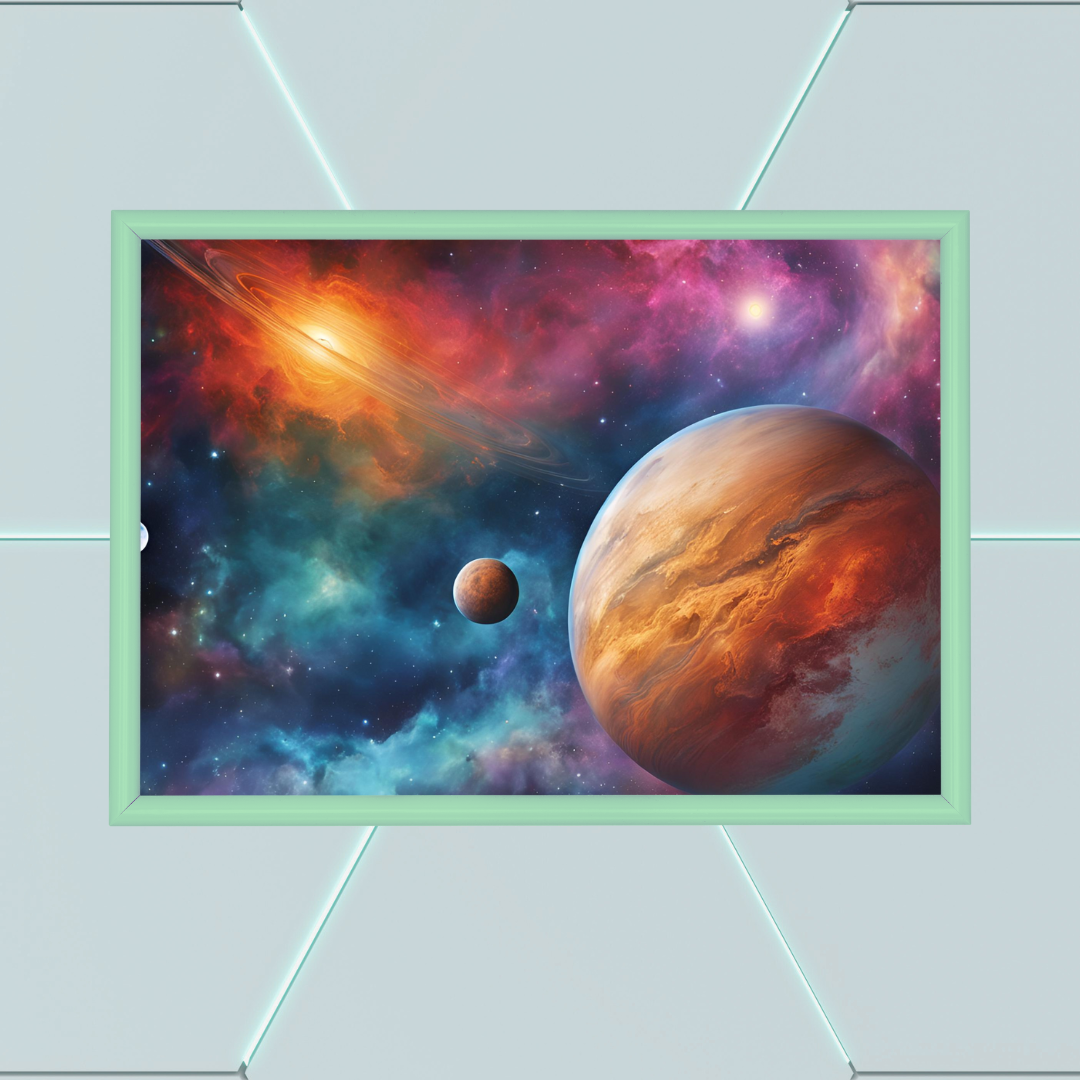 Close‑up of Celestial Dreams space art in a cool light green frame on a futuristic backdrop with LED lights.