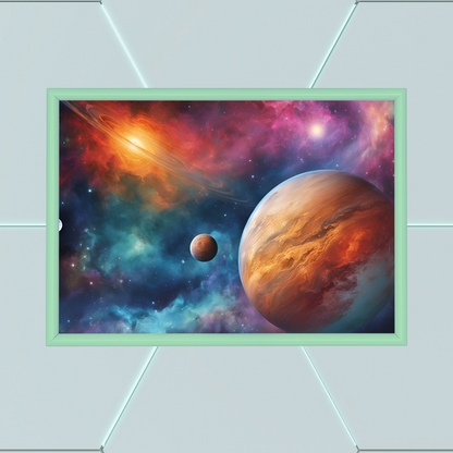 Close‑up of Celestial Dreams space art in a cool light green frame on a futuristic backdrop with LED lights.