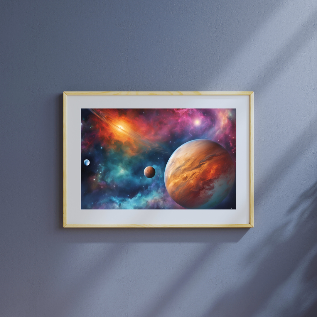 Close‑up of Celestial Dreams space art in a light wood frame mounted on a grey wall.