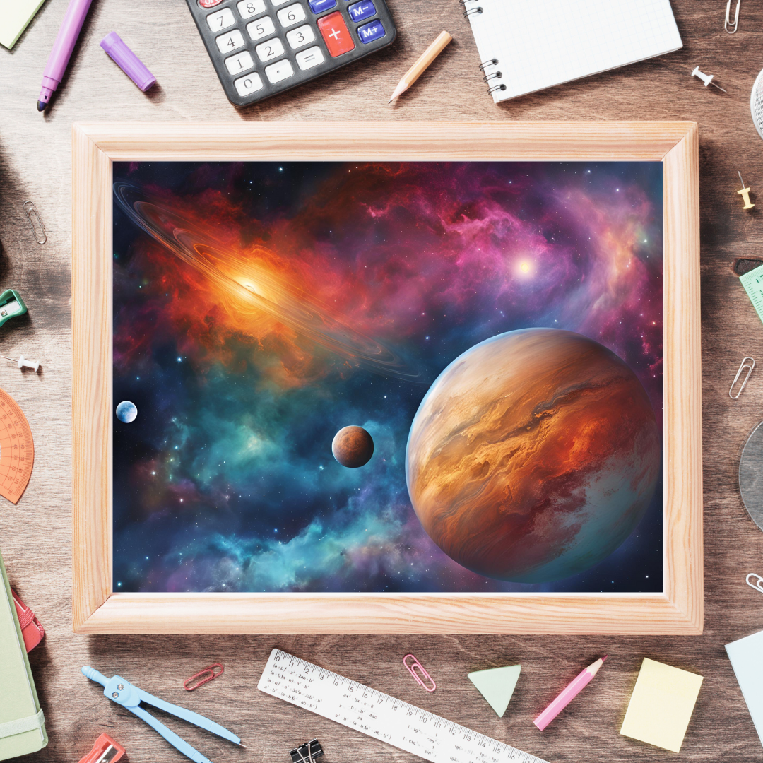 Close‑up of Celestial Dreams space art in a wooden frame sitting on a desk with kids stationary.