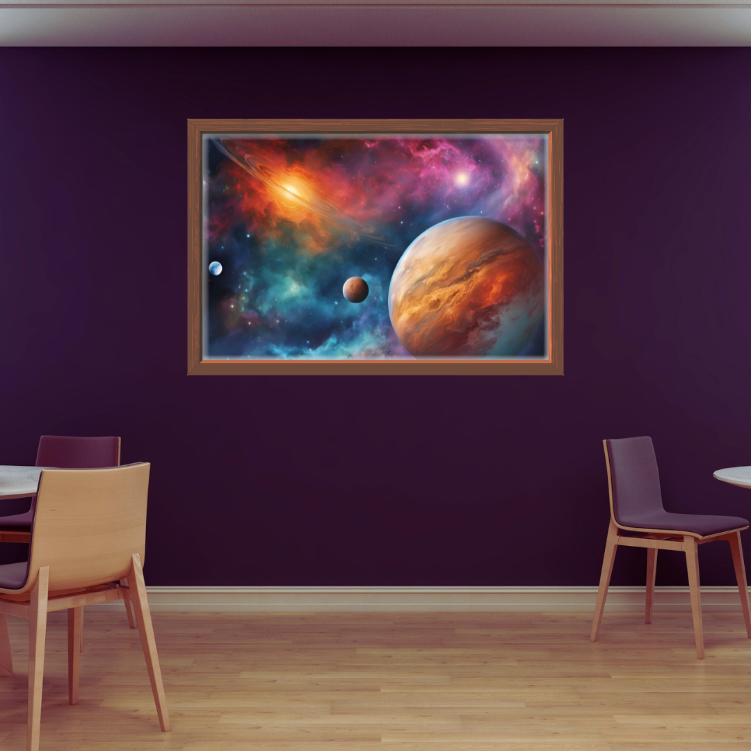 Restaurant setup with planets‑and‑nebula print mounted on a dark wall.