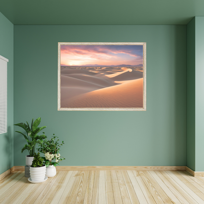 Gallery‑wall scene featuring Desert Heat print mounted on a sage green wall, with wooden flooring and potted plant decor.