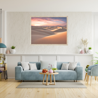 Large sand‑dune canvas hanging over a pale blue sofa in a living room with neutral walls and wooden decor.