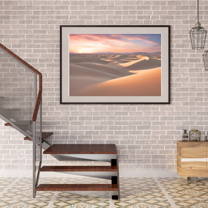 Wall in brickwork featuring Desert Heat print beside a wooden staircase.