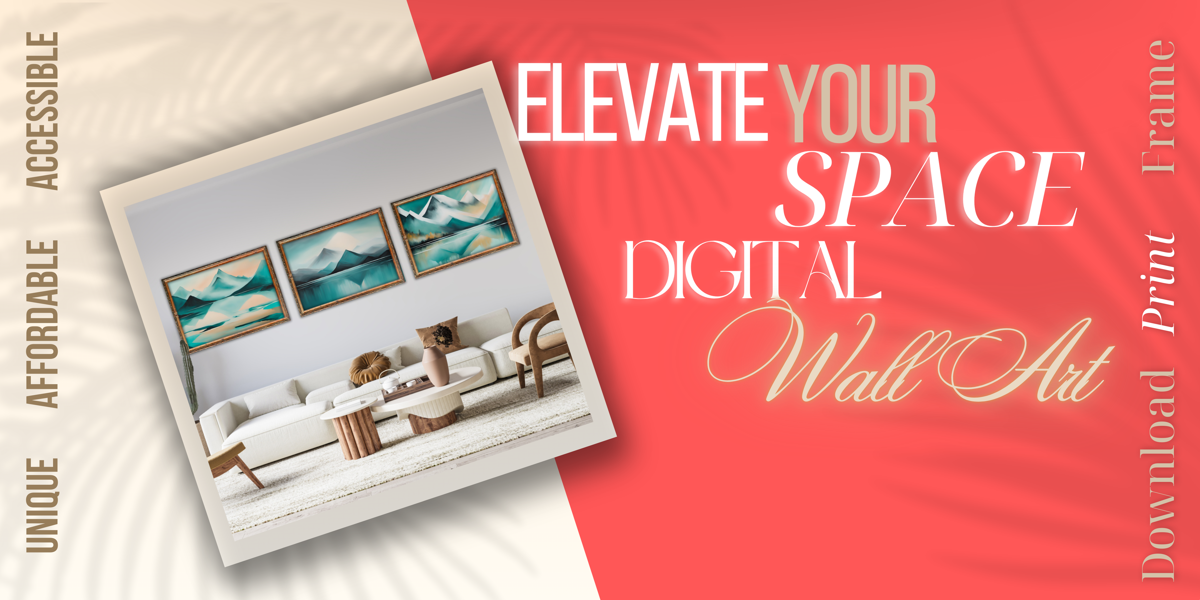 Modern living room with digital wall art print – elevate your space with stylish downloadable art