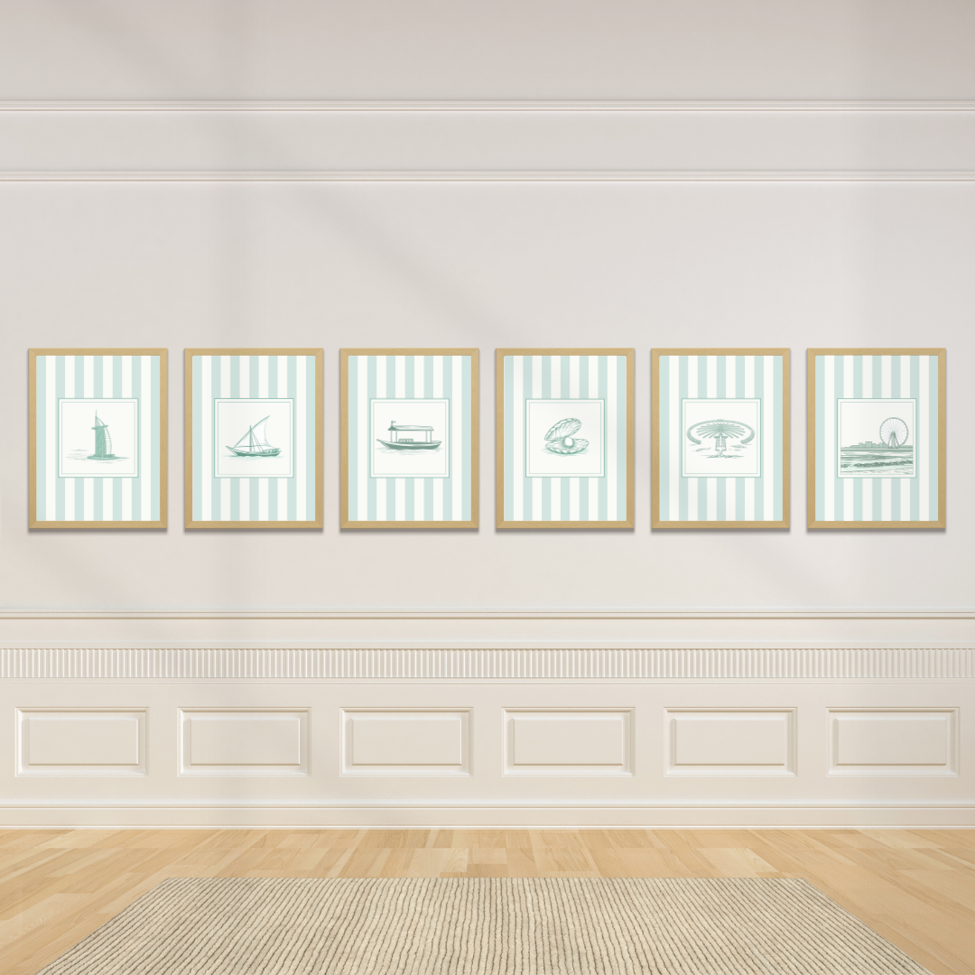 Set of six striped art prints in sea green with Dubai coastal heritage icons on a gallery wall.