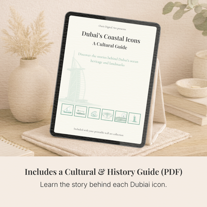 Digital guide titled 'Dubai's Coastal Icons' on a tablet with decorative items in the background.