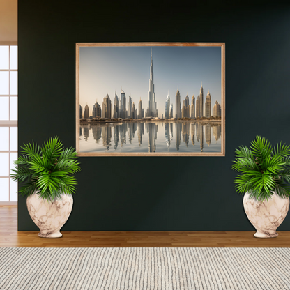 Cityscape artwork featuring the Burj Khalifa, centered on a dark wall with 2 large potted plants in an office entrance.