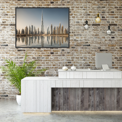 Burj Khalifa digital art print in an executive office, blending trendy decor with panoramic urban energy.
