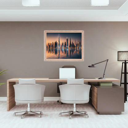 Dubai night cityscape art in an executive office, hanging behind a modern desk and laptop.