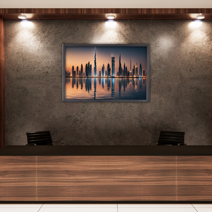 Reception lobby with brown marble background and framed Burj Khalifa nightscape, welcoming visitors with luxe ambiance.