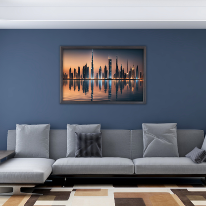 Framed golden Dubai skyline print above a dark grey sofa in a modern living room.