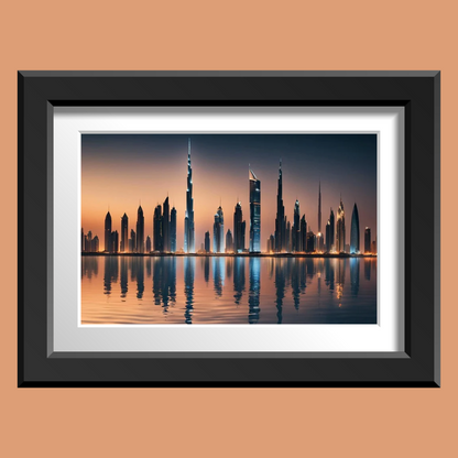 Close‑up of Burj Khalifa nightscape in black frame mounted on a warm orange wall.