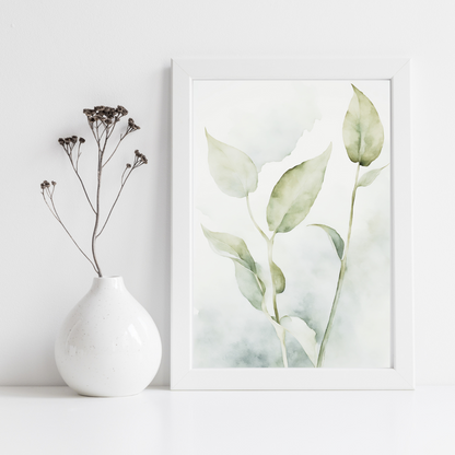 Digital botanical print on a cloudy background sitting on a shelf with a ceramic vase and plant decor in a crisp white setting.
