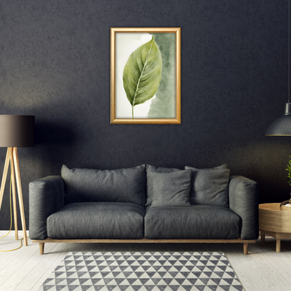Printable sage green botanical wall art featured in a modern, cozy interior with wooden decor.