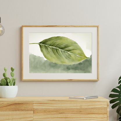 Calm and elegant digital botanical art print styled in a neutral, plant-filled setting.