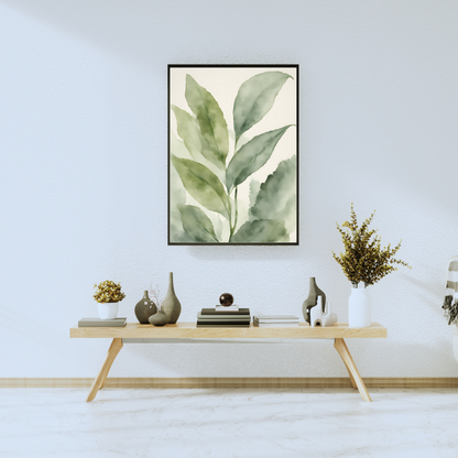 Nature-inspired minimalist leaf art displayed in a serene modern living area.