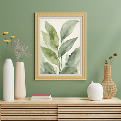Printable botanical design with prominent leaf shapes and a calming muted background above a wooden shelf with ceramic decor.