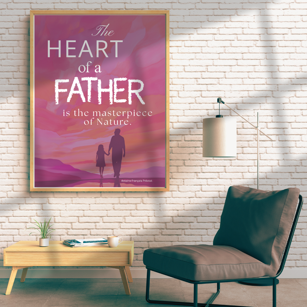 Heartfelt quote for fathers' wall art above an armchair, a lamp and side table in a neutral reading nook with earthy tones.