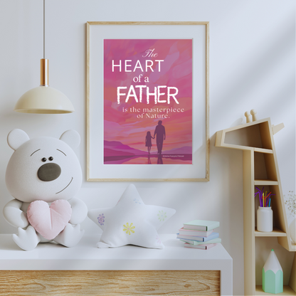 Inspirational fatherhood quote artwork above a child’s dresser in a pastel-themed kids' room.
