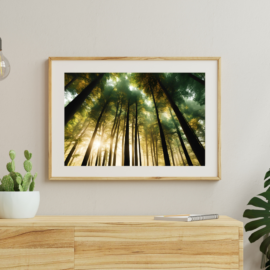 Sunlit Forest Serenity art styled above a mantel with cactus and ceramic vases.