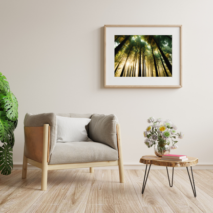 Large woodland landscape canvas hanging over a beige couch with a naturally carved wooden side table.