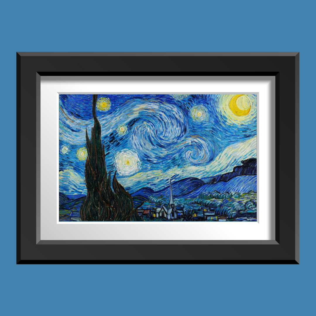 Close‑up of Starry Night print in a black frame with a blue backdrop.