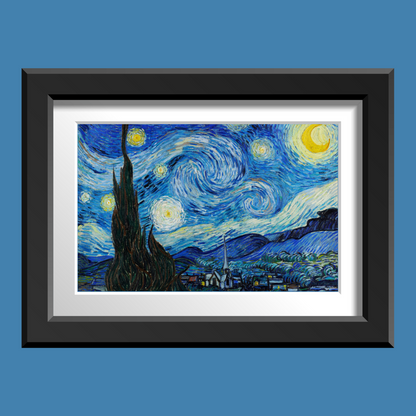 Close‑up of Starry Night print in a black frame with a blue backdrop.
