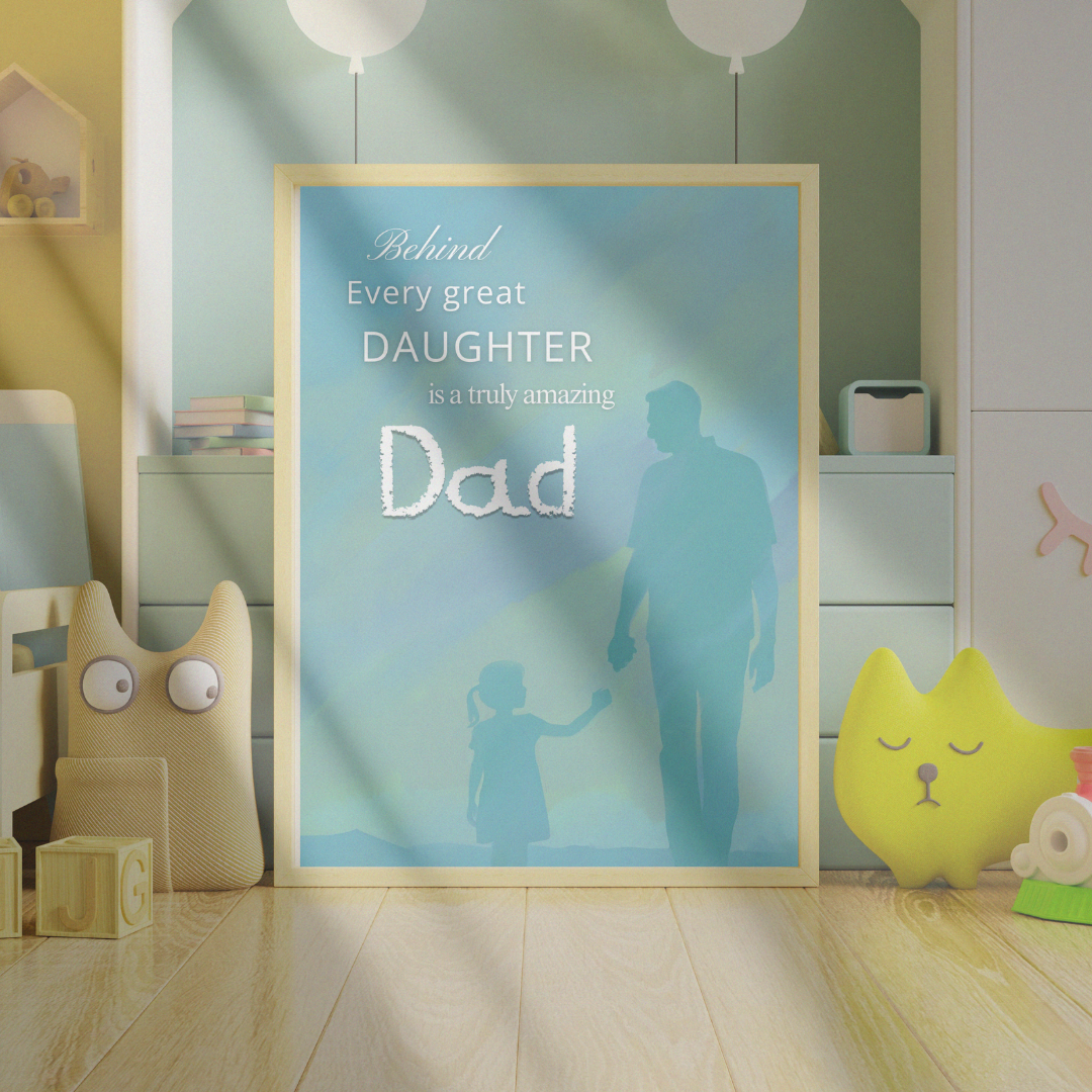 Kids room with teddy bears and a bookshelf behind father daughter wall art honoring amazing dads.