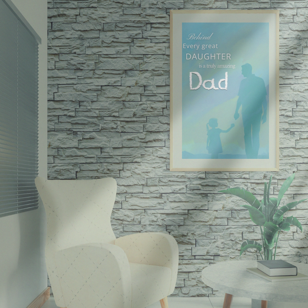 Reading area with framed “Amazing Dad” print on a brick textured wall above an armchair and a round table with books and decorative accents.