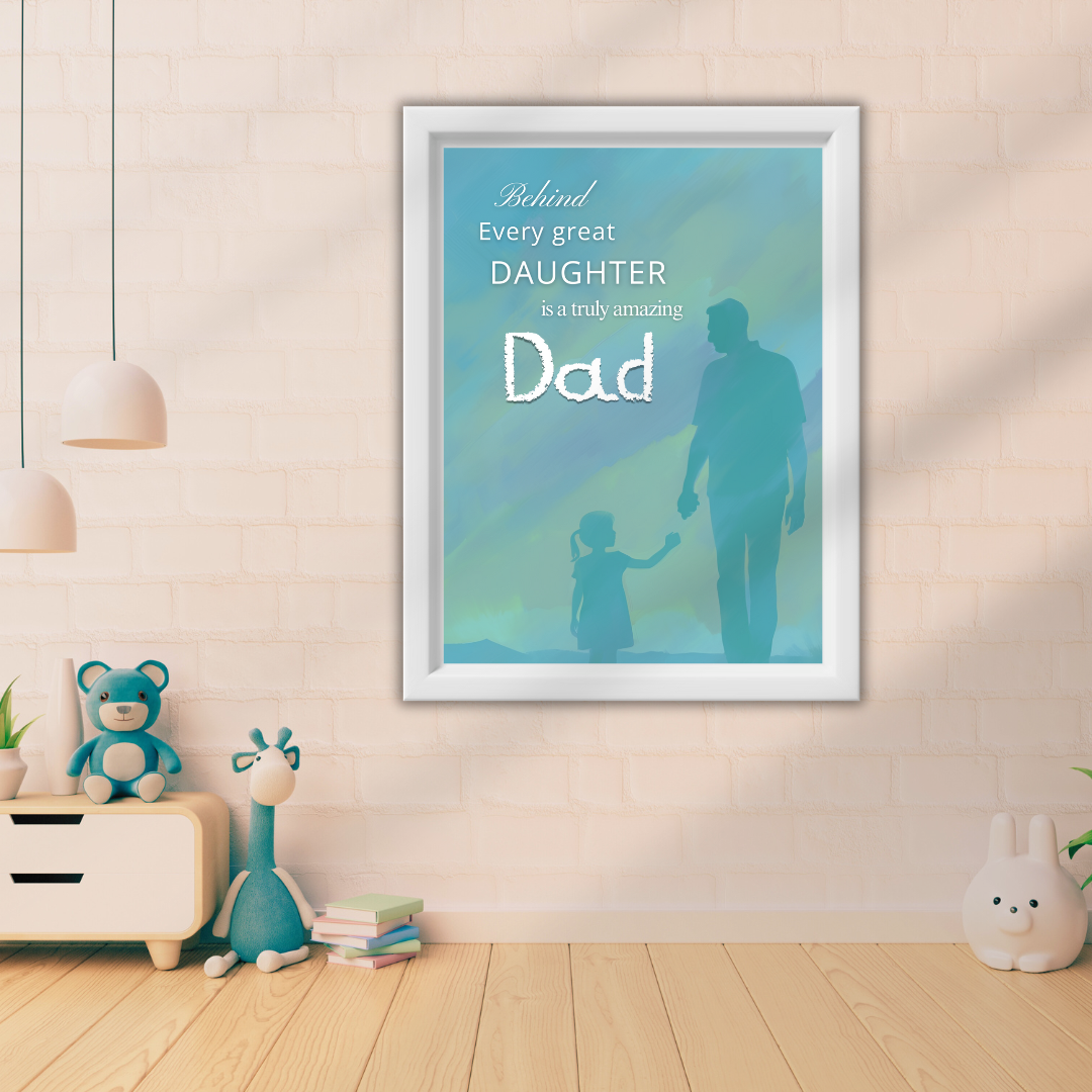 Kids room with playful decor and “Amazing Dad” inspirational wall art on a pastel brick wall.