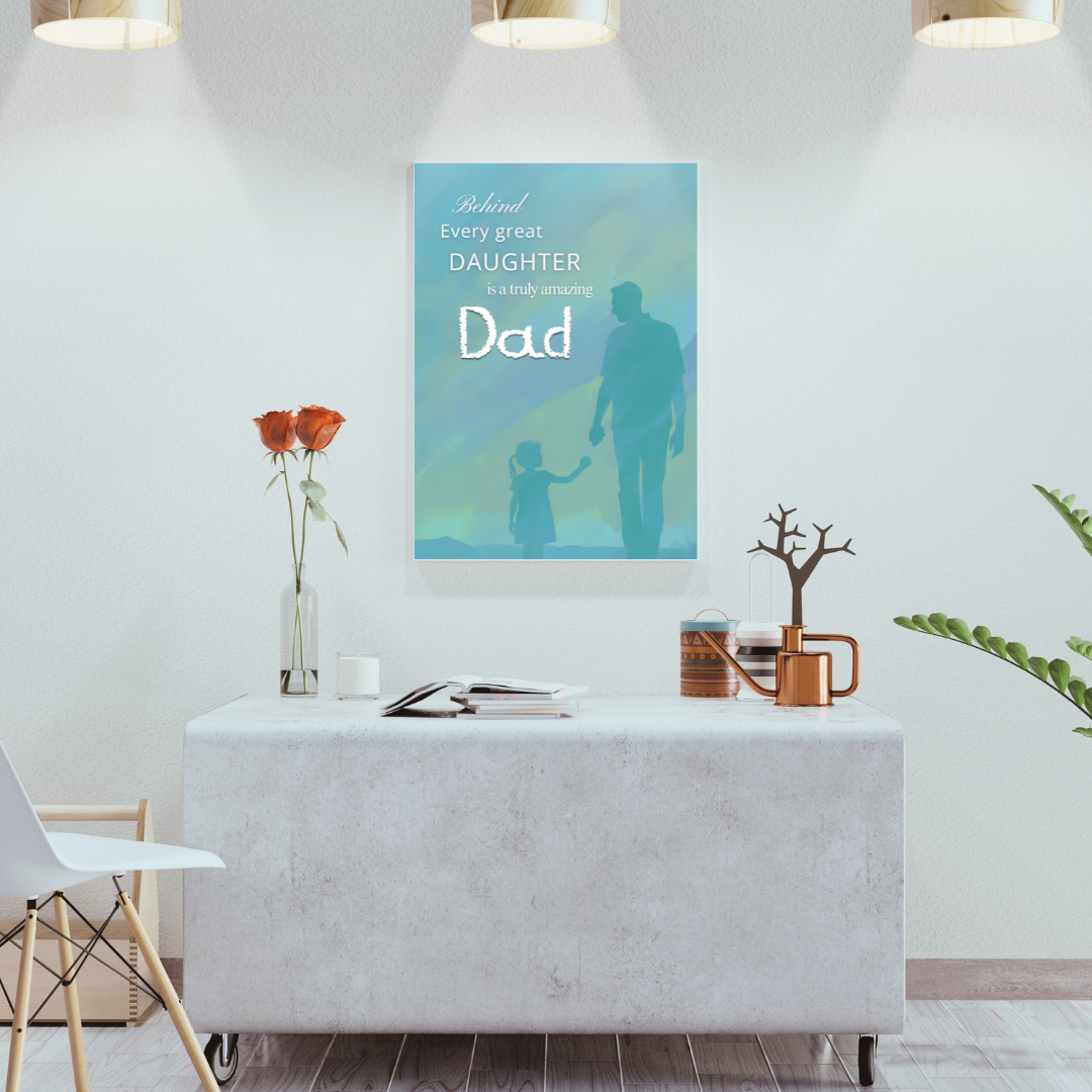 Reading area with framed father-daughter wall art canvas above a sunlit reading nook.